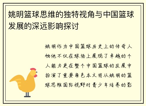 姚明篮球思维的独特视角与中国篮球发展的深远影响探讨