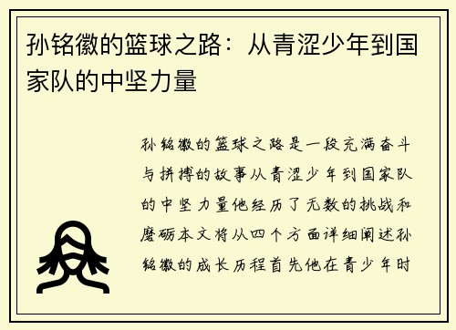孙铭徽的篮球之路：从青涩少年到国家队的中坚力量